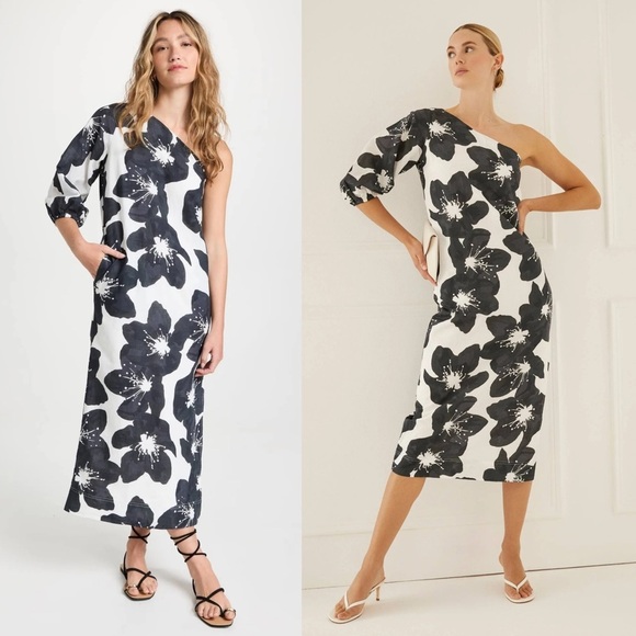 SOMETHING NAVY Floral Print Linen Cotton One Shoulder Puff Sleeve Column Gown L - Picture 7 of 13